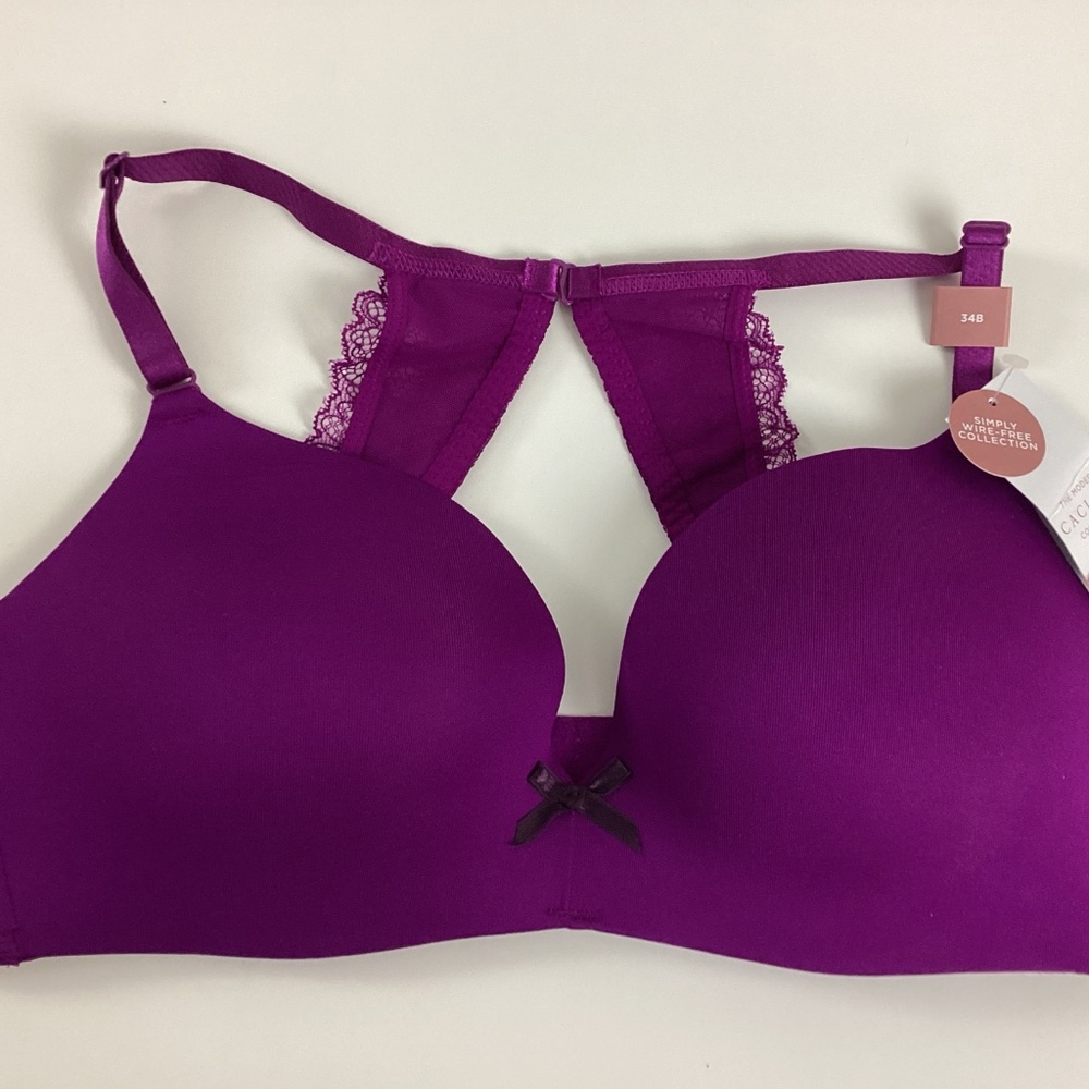 Cacique Polyamide No Wire Racerback Uplift Plunge Bra Size 34B Purple Lace  NWT